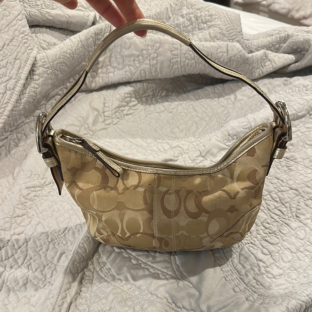Coach Tan Signature Shoulder Bag with Leather Trim